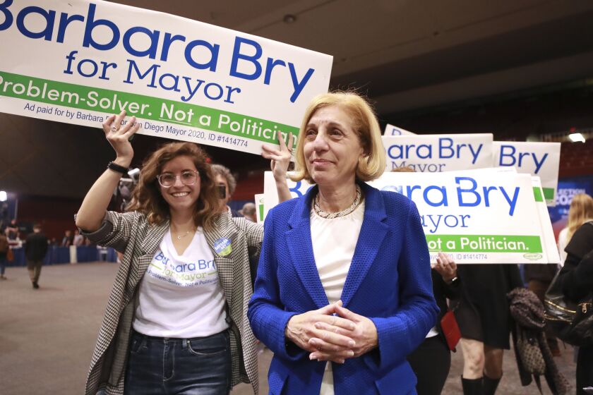 Candidate for San Diego Mayor Barbara Bry walks with her supporters at Golden Hall on Tuesday, March 3, 2020 in San Diego, California.