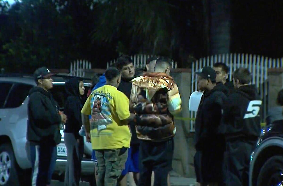 Young adults stand in a residential street at night