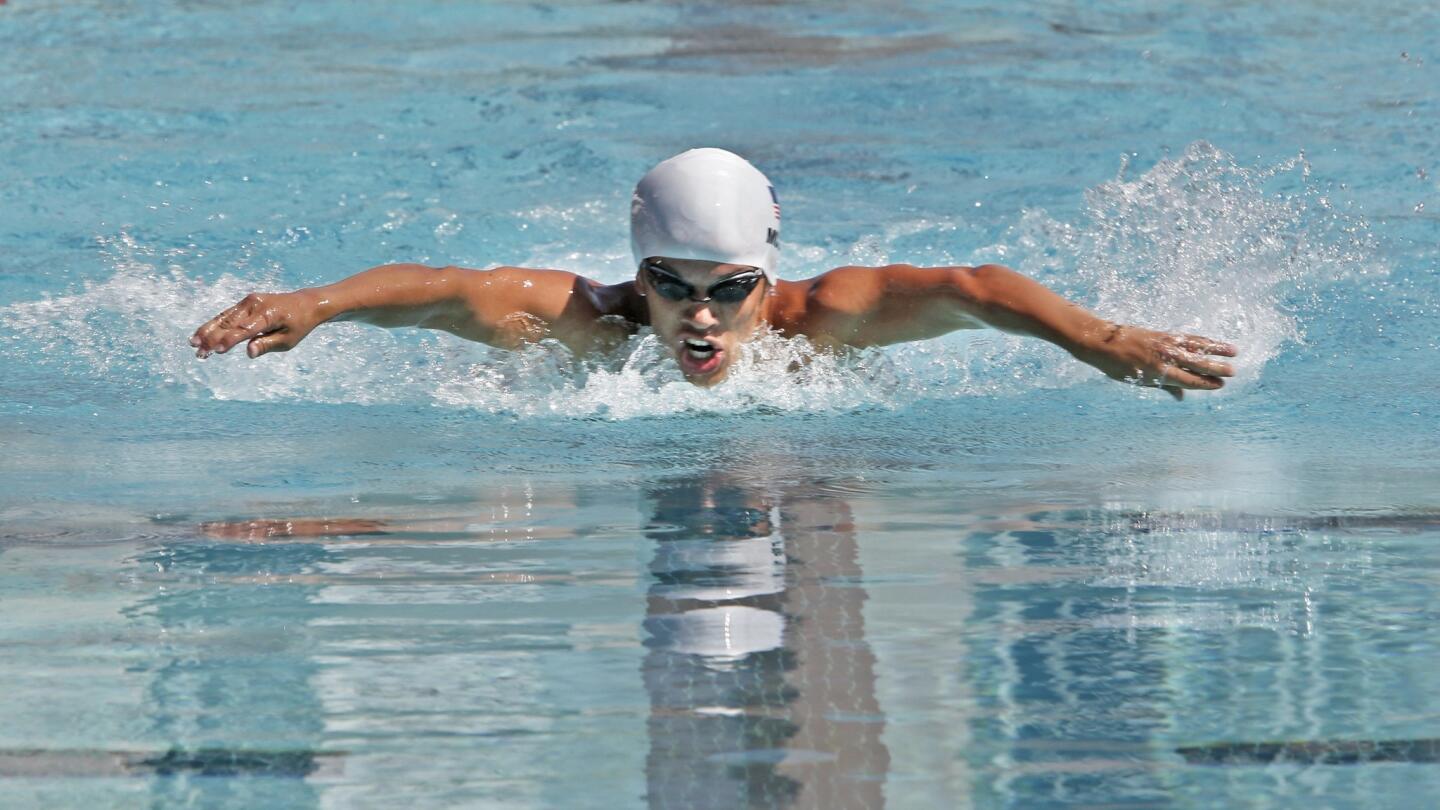 Lucas McCrory, 20, competes at the 2014 Pan Pacific Para-Swimming Championships at the Rose Bowl Aquatics Center on Aug. 6.