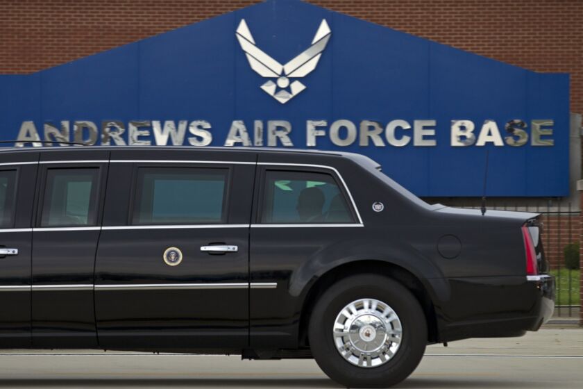 In this photo taken July 15, 2016, President Barack Obama rides in his limousine as he arrives at Joint Base Andrews, Md. Joint Base Andrews tweets that the base is on lockdown due to a report of an active shooter. The tweet sent Thursday, June 30, 2016, instructs all personnel at the base in Washington's Maryland suburbs to shelter in place and says more information will be released as it comes. (AP Photo/Jose Luis Magana)