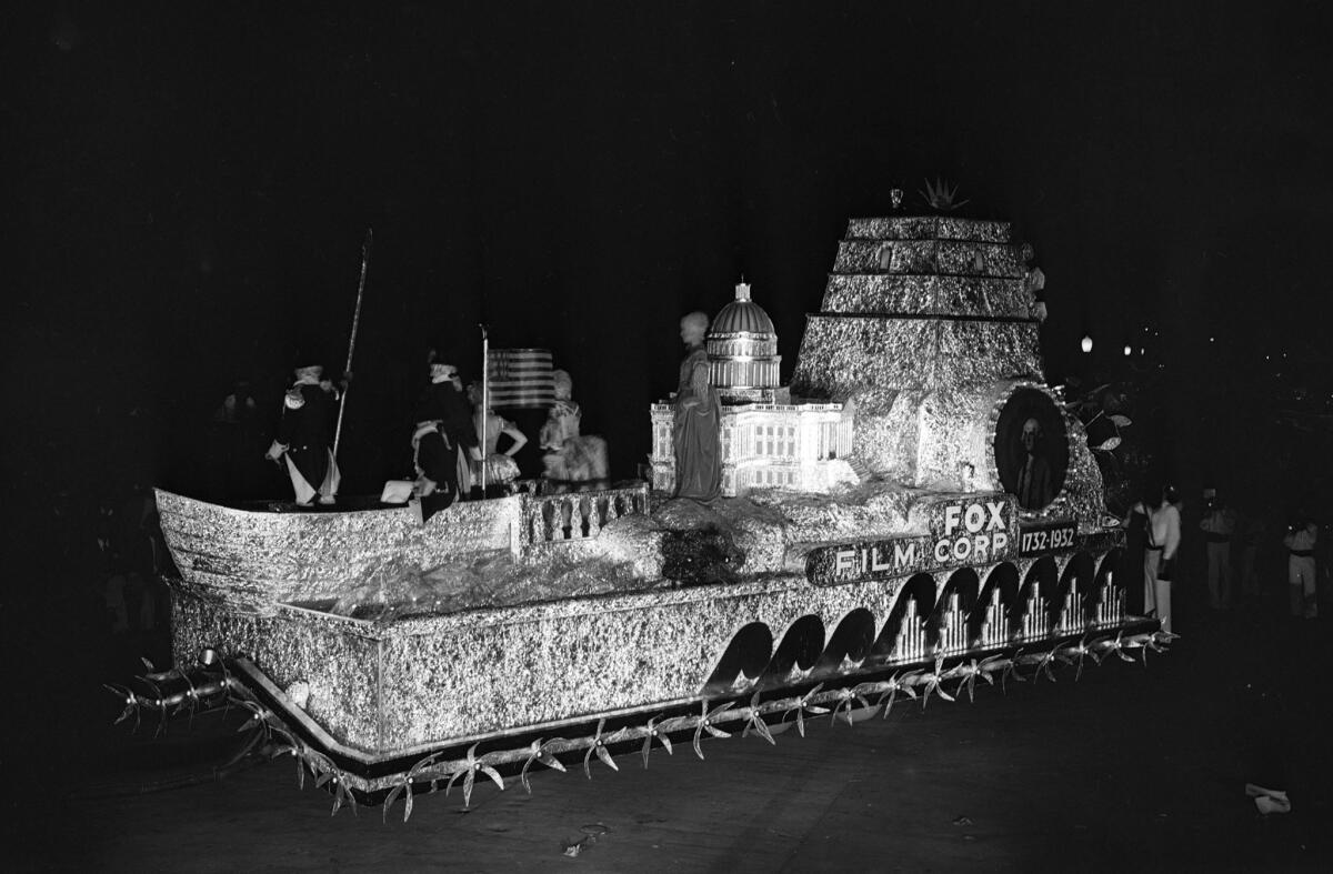 Sept. 24, 1932: "Bicentennial Monument" float from Fox Film Corporation during the Electrical Parade at the Coliseum.