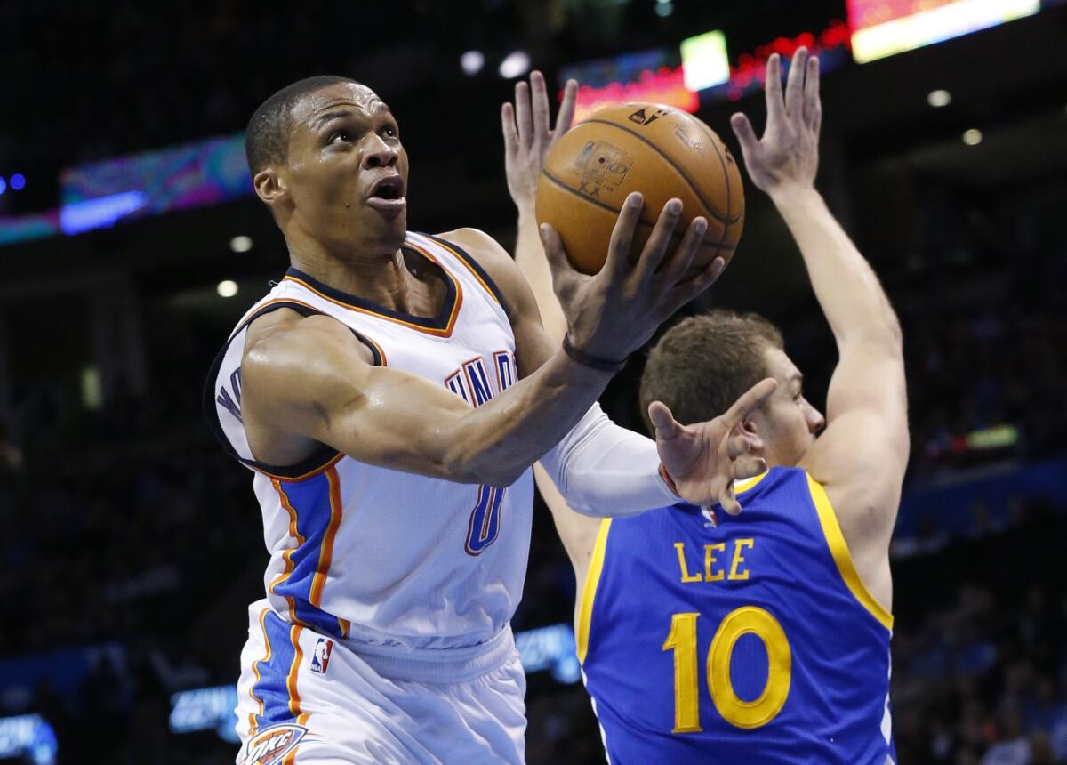 Thunder guard Russell Westbrook contributed a triple-double of 17 points, a career-best 17 assists and a career-high 15 rebounds to help Oklahoma City defeat the Warriors, 127-115.