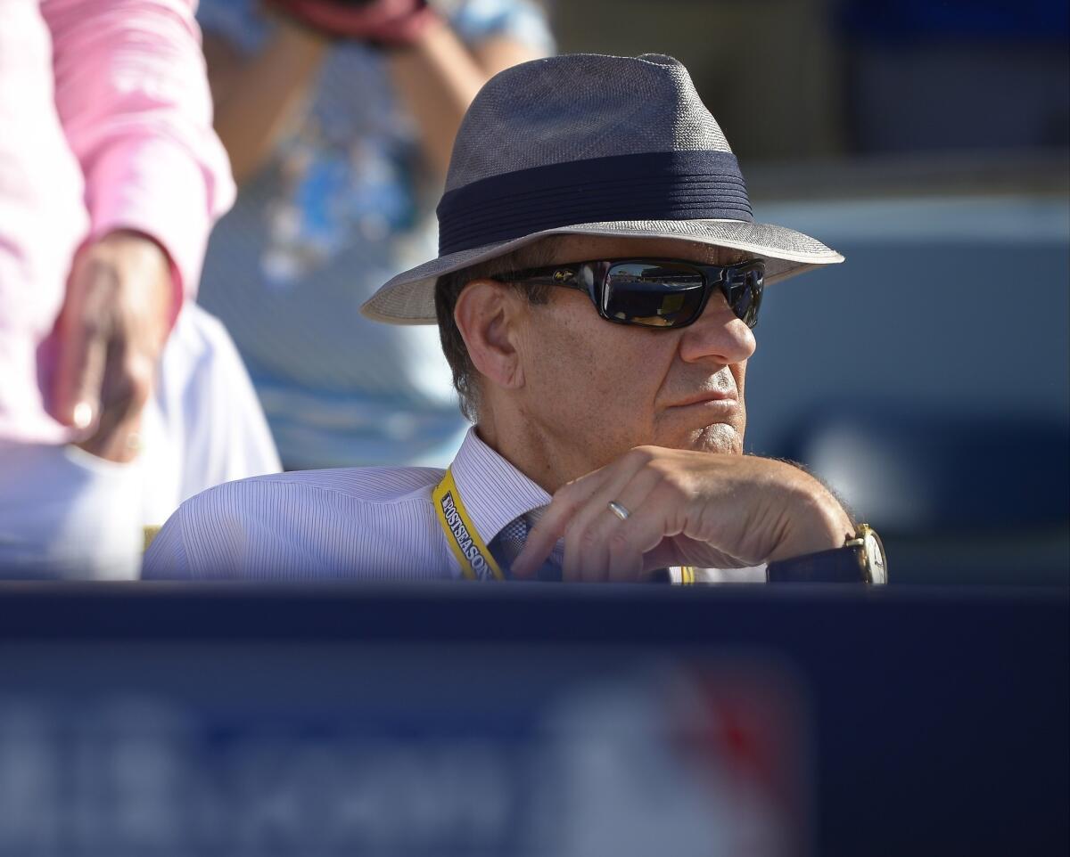 Hall of Fame nominee Joe Torre watches a National League Championship Series game between the Dodgers and St. Louis Cardinals last month at Dodger Stadium.