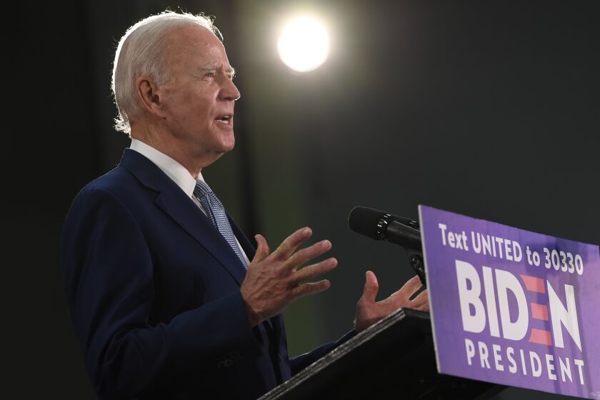 Democratic presidential candidate, former Vice President Joe Biden speaks during an event in Dover, Del., Friday, June 5, 2020. (AP Photo/Susan Walsh)