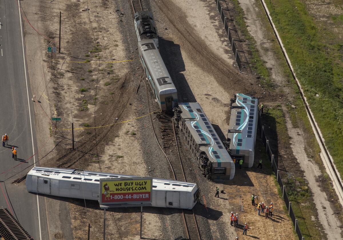 A Metrolink train derailed in Oxnard on Feb. 24, 2015, after colliding with a pickup truck on the tracks.