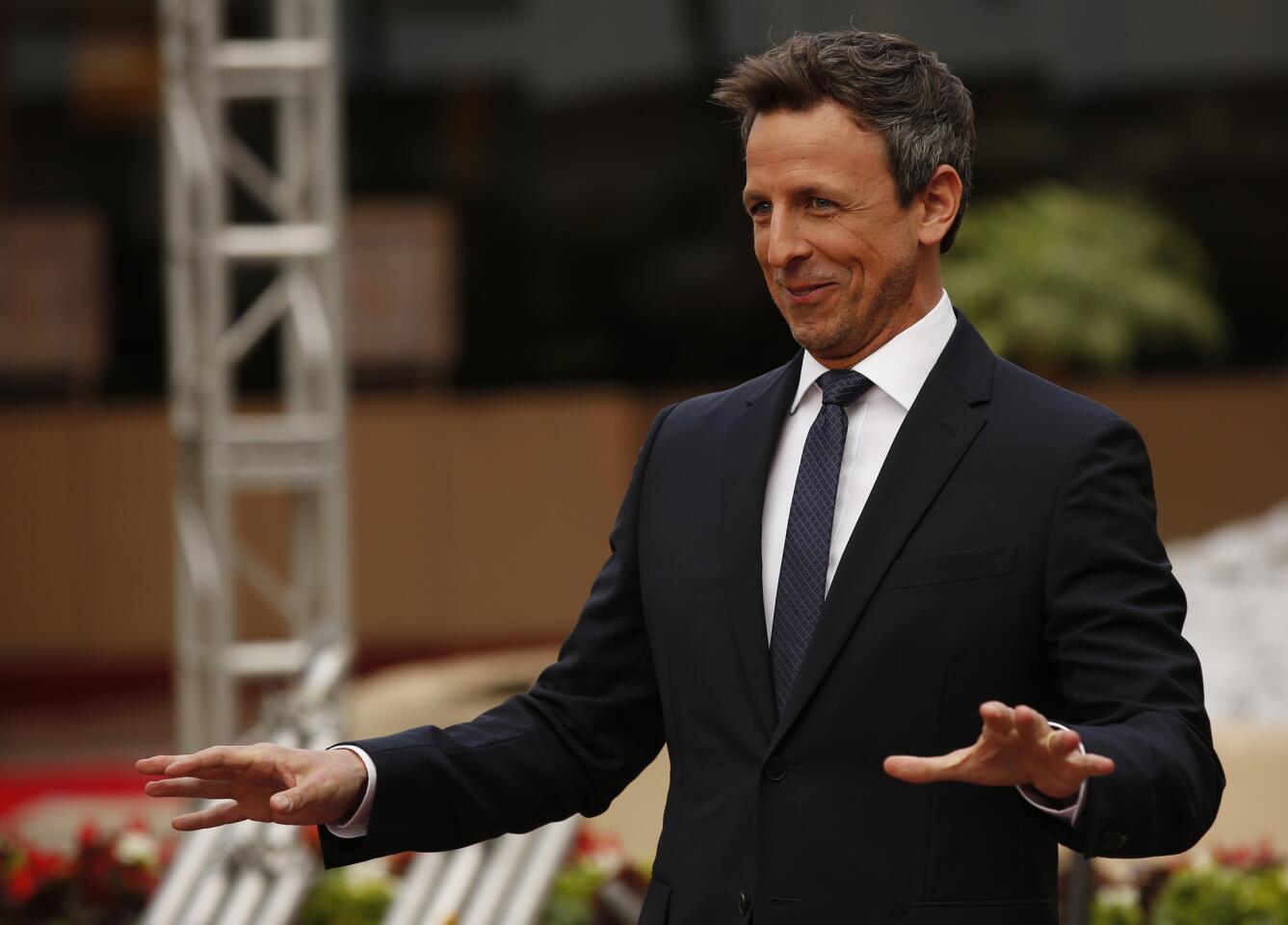 Seth Meyers at the Golden Globes' preview day on Thursday at the Beverly Hilton Hotel in Beverly Hills. Meyers will host Saturday's awards show.