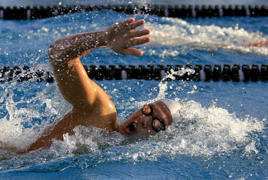 Corona del Mar High's Tim Hanson competes in the boys' 500-yard freestyle during the CIF Southern Section Division 1 finals at Riverside Community College on Saturday.