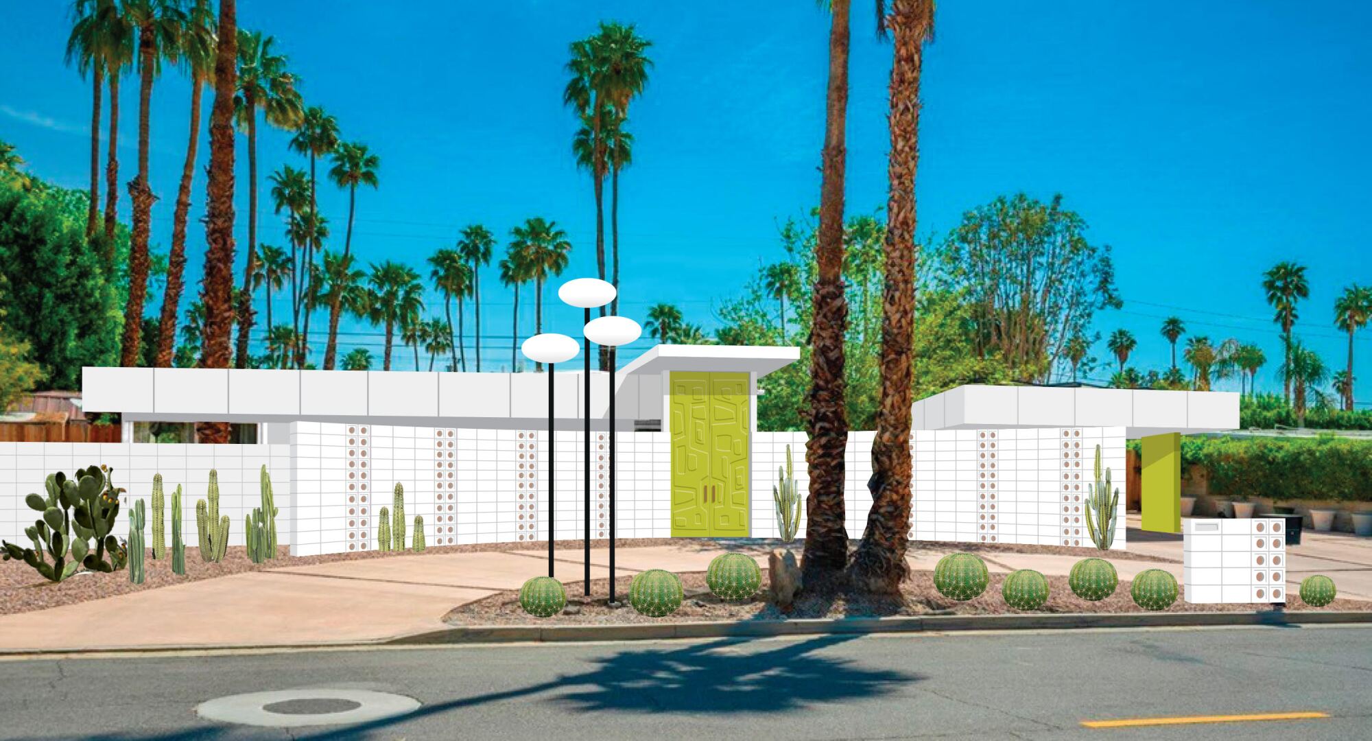A rendering of a Midcentury modern house in Palm Springs.