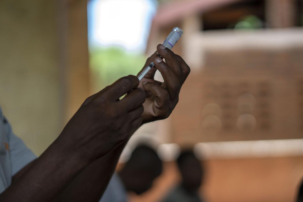 A health worker fills a syringe with vaccine.