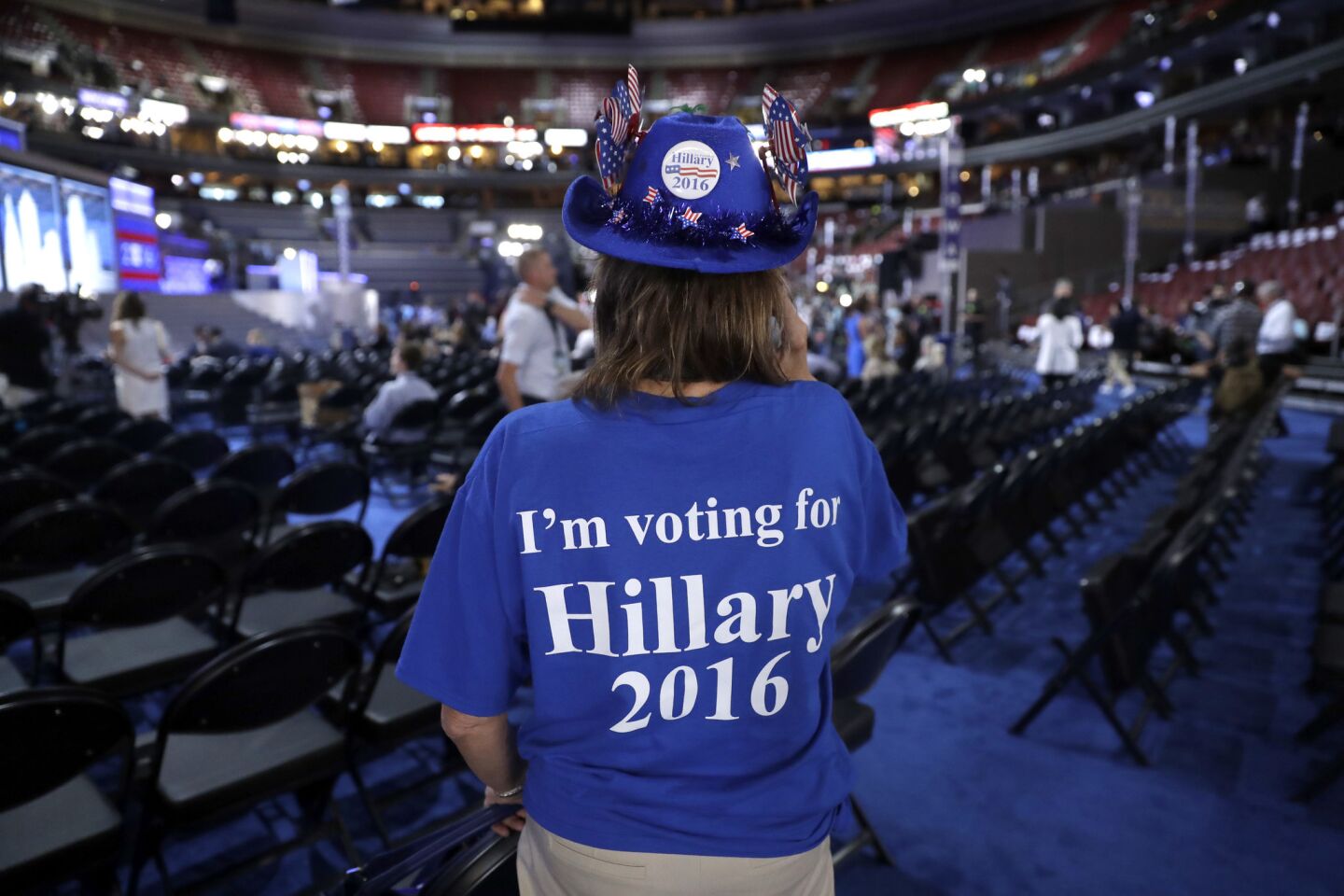 Florida delegate Dianne Krumel from Pensacola shows her support for Democratic Presidential candidate Hillary Clinton before the start of the third day of the Democratic National Convention in Philadelphia.
