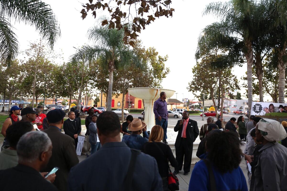 Community members gather at Leimert Park in Los Angeles in anticipation of the grand jury decision in the Michael Brown shooting in Ferguson.