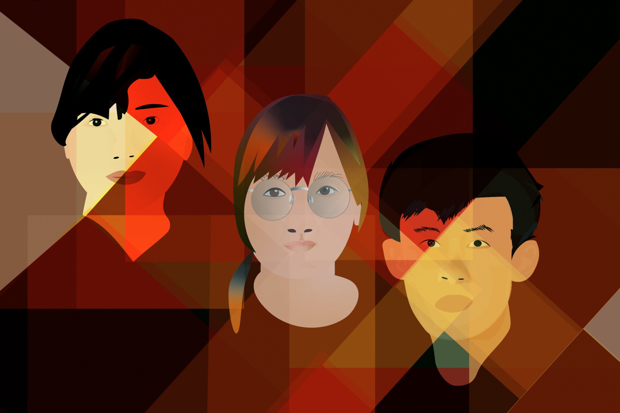 Illustration of Ei Thinzar Maung on left, Benja Apan in middle and Ivan Choi on right on a dark red background.