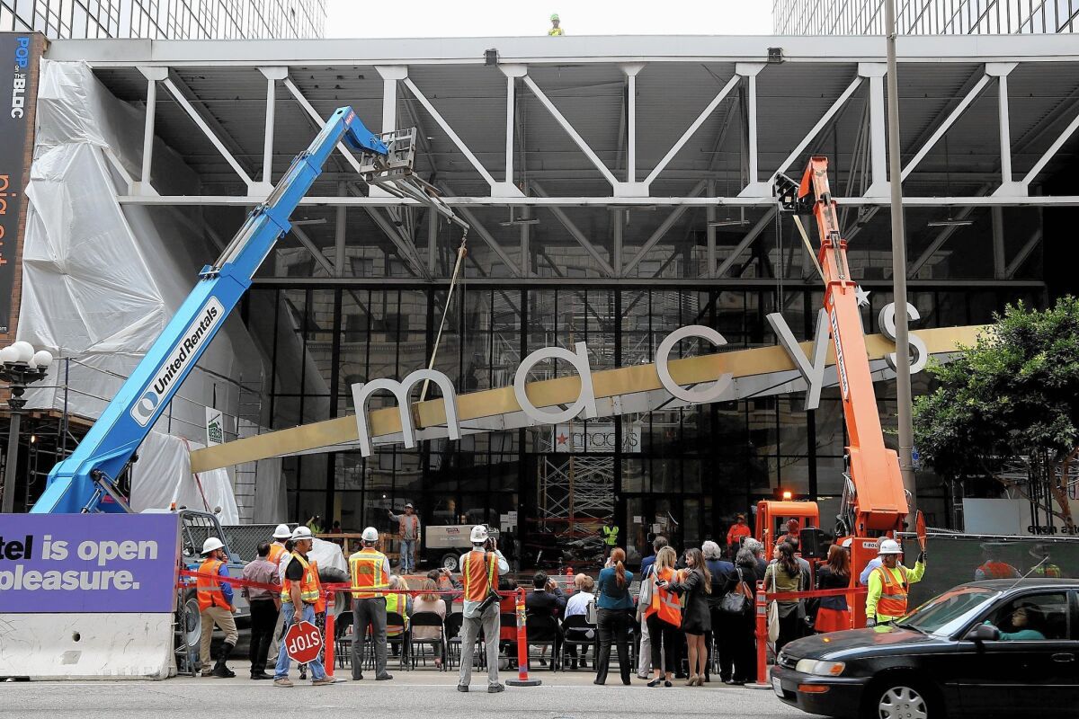 The roof truss of the atrium will be removed as part of renovation of the Bloc, formerly Macy's Plaza, at Seventh and Flower streets in downtown L.A.