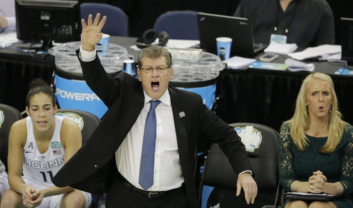 Connecticut head coach Geno Auriemma and the Huskies meet a familiar foe in the NCAA championship game -- Notre Dame, who they beat in the final last year.