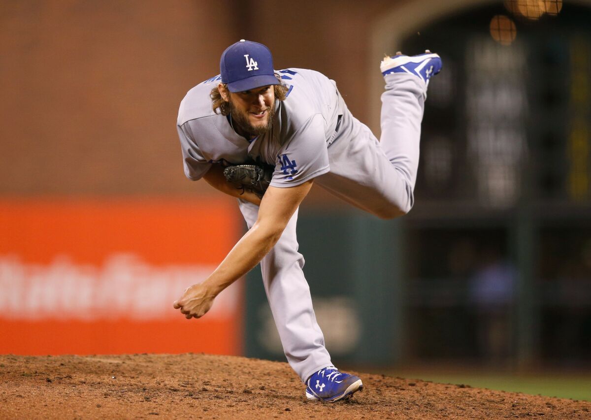 Clayton Kershaw pitches against the San Francisco Giants during the eighth inning of a game Tuesday at AT&T Park.