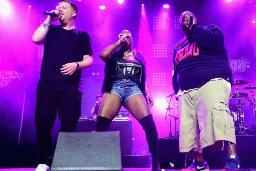 Left to right, El-P, Gangsta Boo and Killer Mike perform April 11 at the Coachella Valley Music and Arts Festival in Indio, Calif.