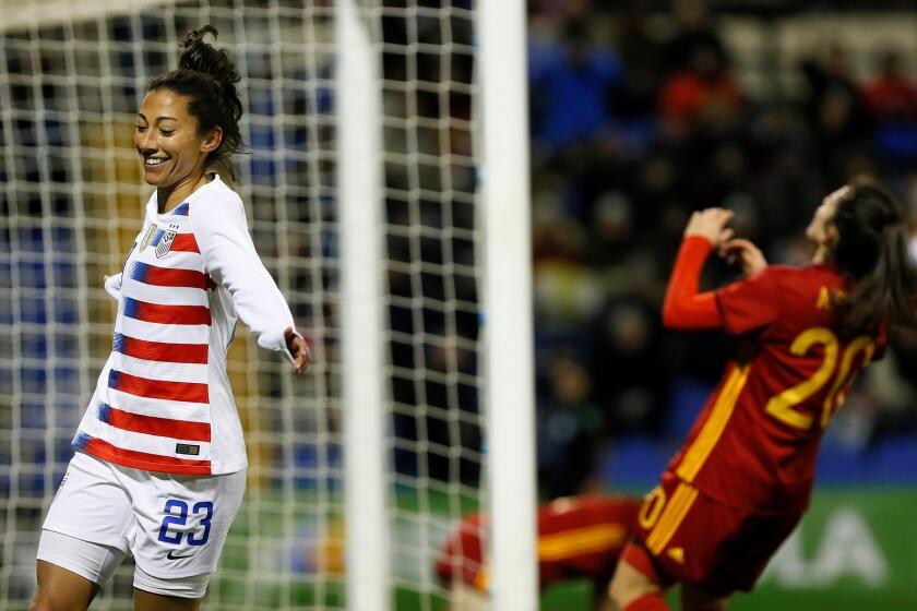 Mandatory Credit: Photo by MANUEL LORENZO/EPA-EFE/REX (10070799k) USA's Christen Press (L) celebrates after scoring a goal during an international women's soccer friendly match between Spain and the USA at the Jose Rico stadium in Alicante, eastern Spain, 22 January 2019. Spain vs USA, Alicante - 22 Jan 2019 ** Usable by LA, CT and MoD ONLY **
