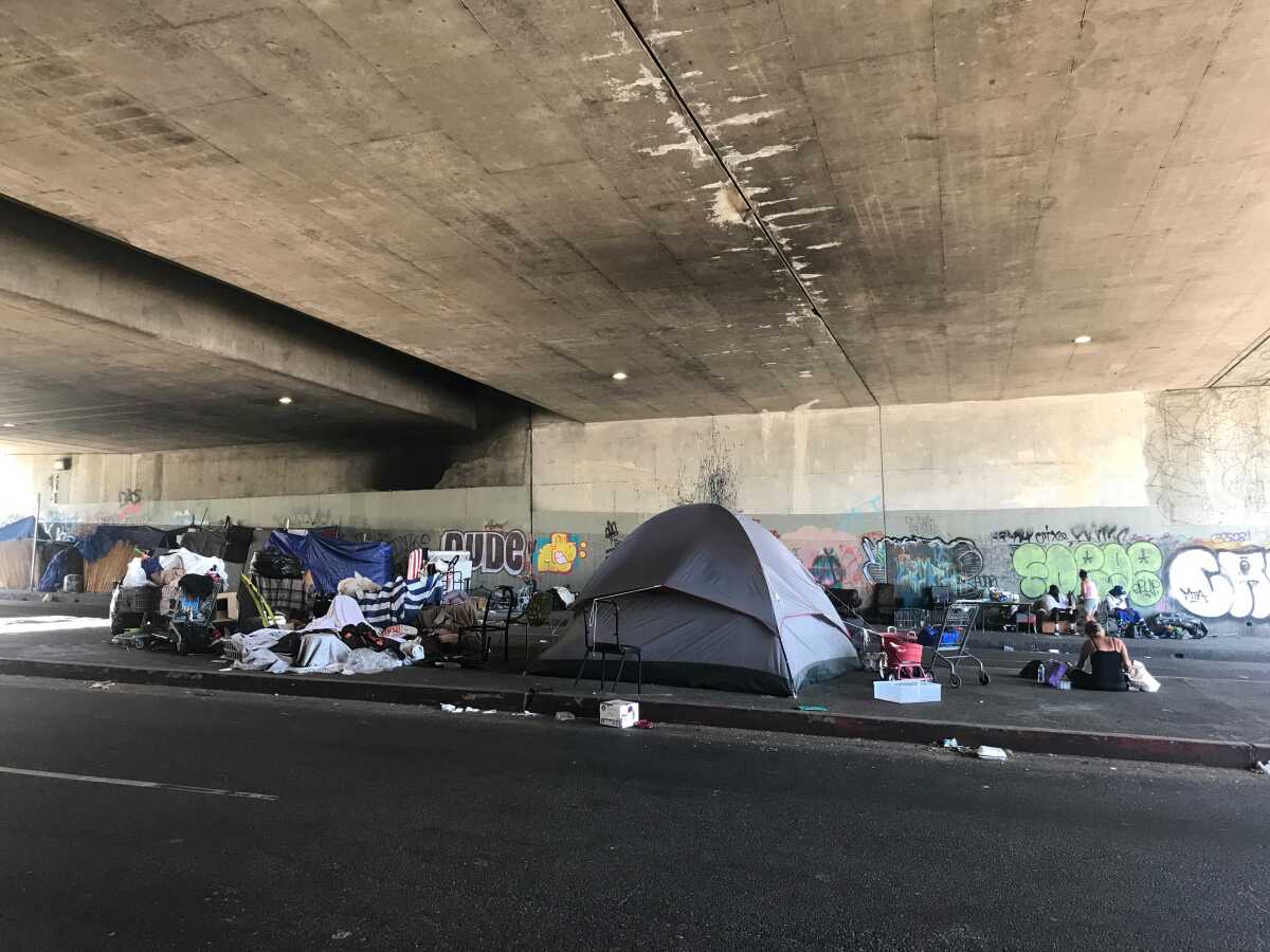 A tent along a street and under a concrete bridge.