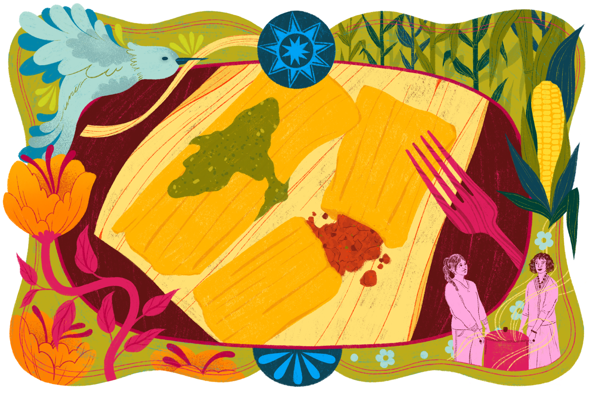 framed illustration of tamales and fork