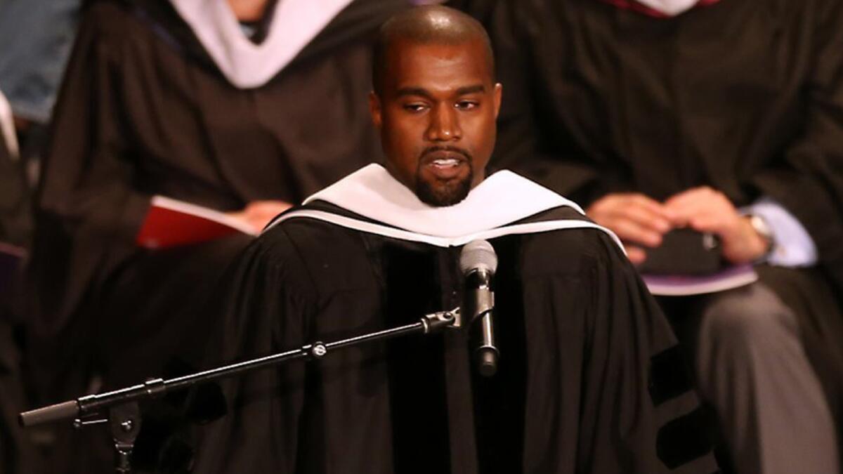 Chicago's own Kanye West speaks after receiving an honorary doctorate in fine arts from the School of the Art Institute of Chicago on May 11 at the Auditorium Theatre during the school's commencement ceremony.