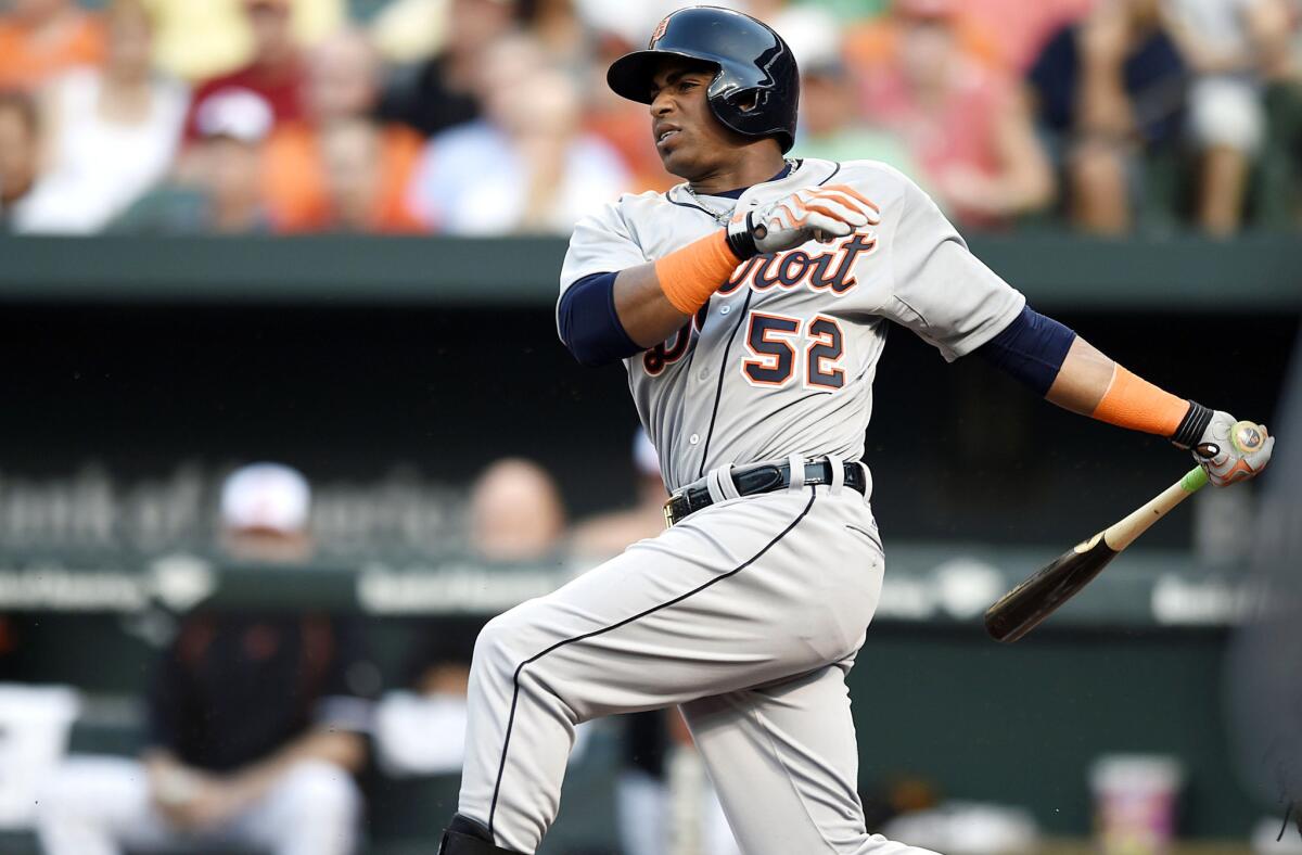 Former Detroit Tigers Yoenis Cespedes hits a single against the Baltimore Orioles in the first inning on Thursday.