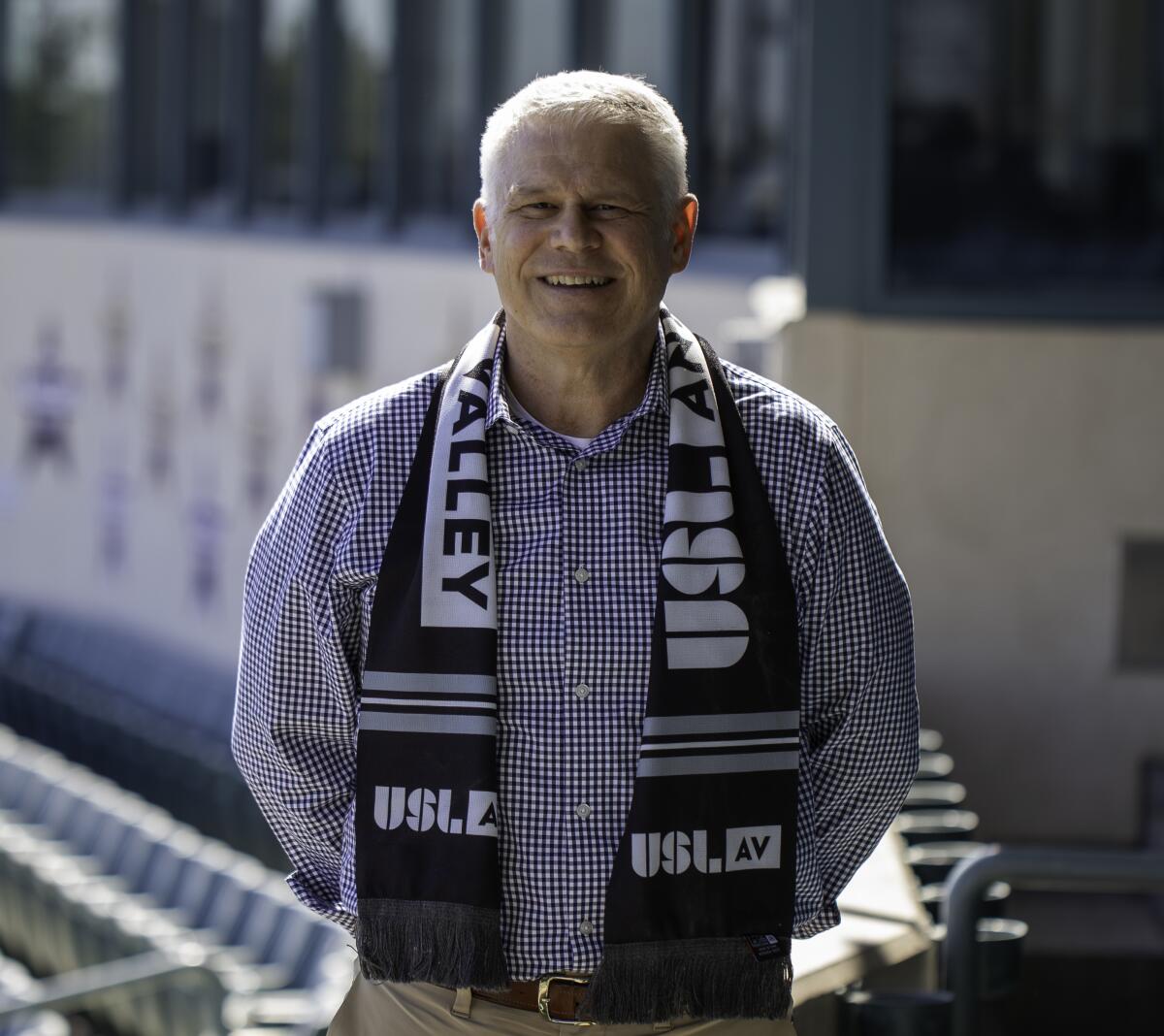 John Smelzer, founder and president of the Antelope Valley USL franchise, stands for a portrait
