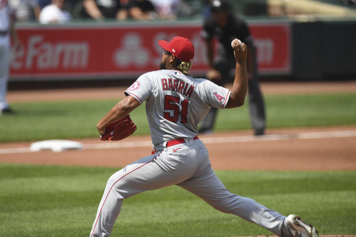 Angels starting pitcher Jaime Barria throws a pitch during the third inning Thursday.