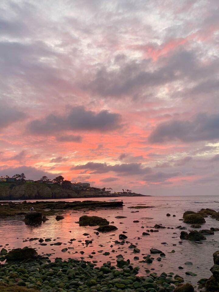 A purple and pink sunset reflects in the tide pools.