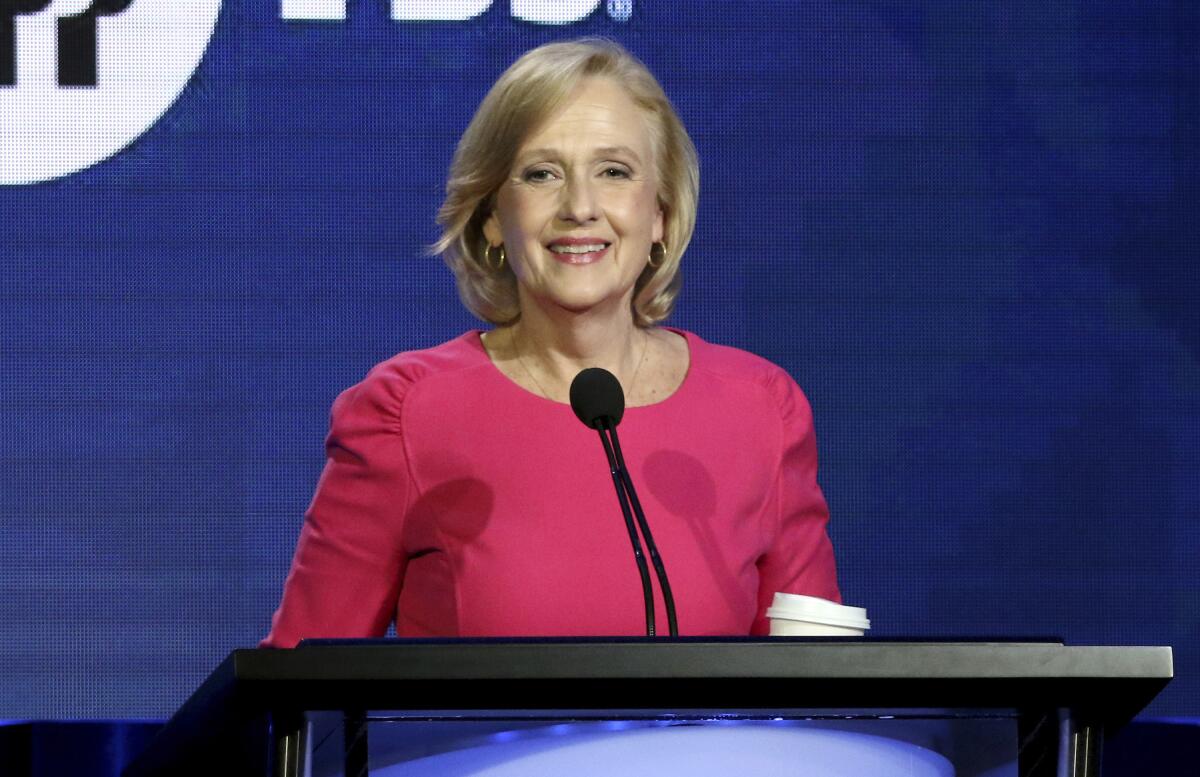 FILE - PBS President and CEO Paula Kerger speaks during the PBS Executive Session at the Television Critics Association Winter Press Tour on Feb. 2, 2019, in Pasadena, Calif. PBS is taking steps toward increased diversity to be overseen by a new executive hired for the task. Cecilia Loving is joining PBS as senior vice president for diversity, equity and inclusion, reporting to Kerger. (Photo by Willy Sanjuan/Invision/AP, File)