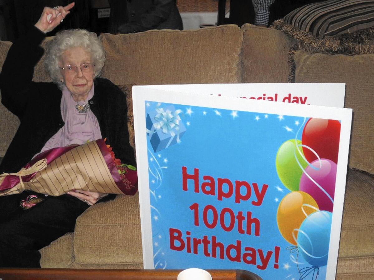 Nadine Andreen celebrates her 100th birthday in Oregon City, Ore., on Oct. 9.