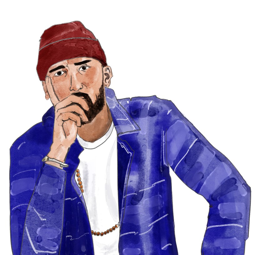Illustration of Salvin Chahal in a blue jacket and red beanie