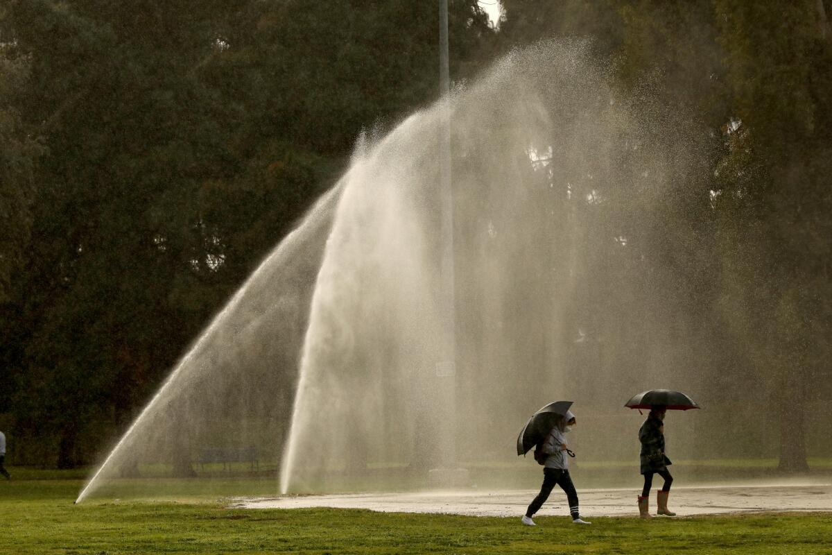 Two people with umbrellas walk beneath water sprinklers
