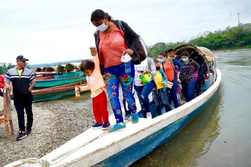 U.S.-bound Central American migrants arriving on the Mexican side of the Usumacinta River, Frontera Corozal State of Chiapas which separates Mexico from Guatemala along Mexico's southern frontier. The river has become a major people-smuggling corridor. Many of the migrants arriving to the U.S. Southwest border first entered Mexico on the Usumacinta River from Guatemala. Many women and children are among those traveling; many believe they have a better chance of entering the United States if they travel with children now.
