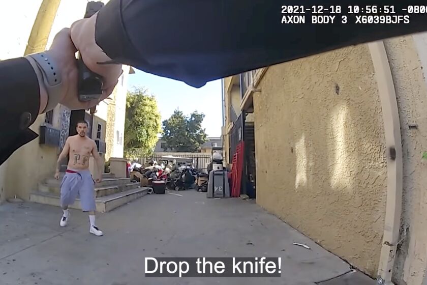 LAPD officer body cam footage of Rosendo Olivio Jr. being shot after approaching the officers with a knife and screaming at them to shoot him. He is then dragged off a flight of steps facedown about six minutes after being shot, and while seemingly unconscious.