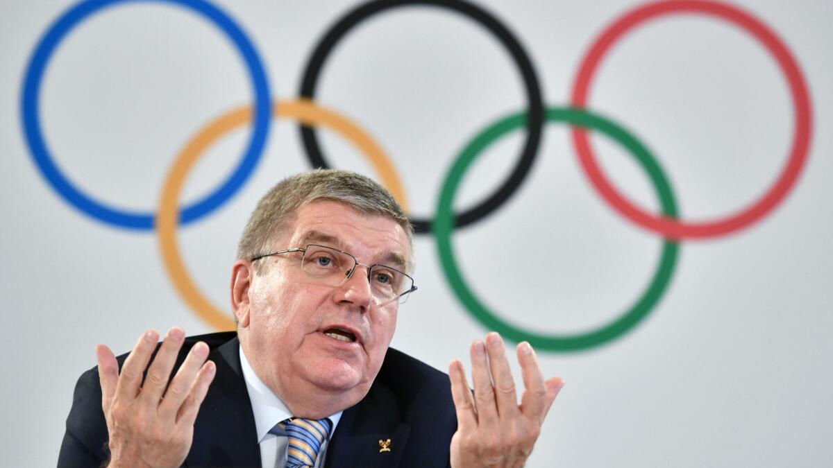 IOC president Thomas Bach speaks at a news conference Friday in Lausanne, Switzerland.