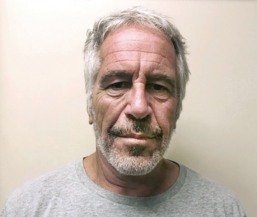 FILE — In this image provided by the New York State Sex Offender Registry, Jeffrey Epstein has his photo taken March 28, 2017. On Monday, Jan. 3, 2022, Judge Analisa Torres ordered charges dropped against two Bureau of Prisons guards who admitted falsifying records after Epstein's suicide in jail. Prosecutors had said the guards, Tova Noel and Michael Thomas, shopped online and slept, and failed to make required rounds every 30 minutes. (New York State Sex Offender Registry via AP, File)