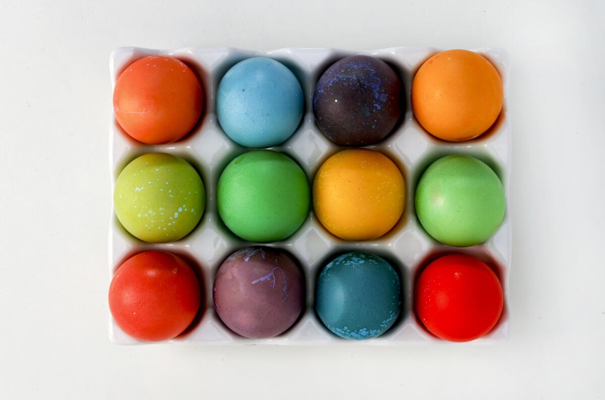 Easter eggs decorated with food-coloring dyes.