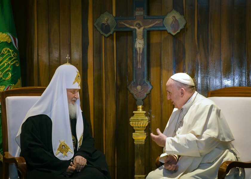 FILE — In this Friday, Feb. 12, 2016 file photo, the head of the Russian Orthodox Church Patriarch Kirill, left, and Pope Francis talk during their meeting at the Jose Marti airport in Havana, Cuba. Pope Francis hasn’t made much of a diplomatic mark in Russia’s war in Ukraine as his appeals for an Orthodox Easter truce went unheeded and a planned meeting with the head of the Russian Orthodox Church was canceled. (Adalberto Roque/Pool photo via AP)