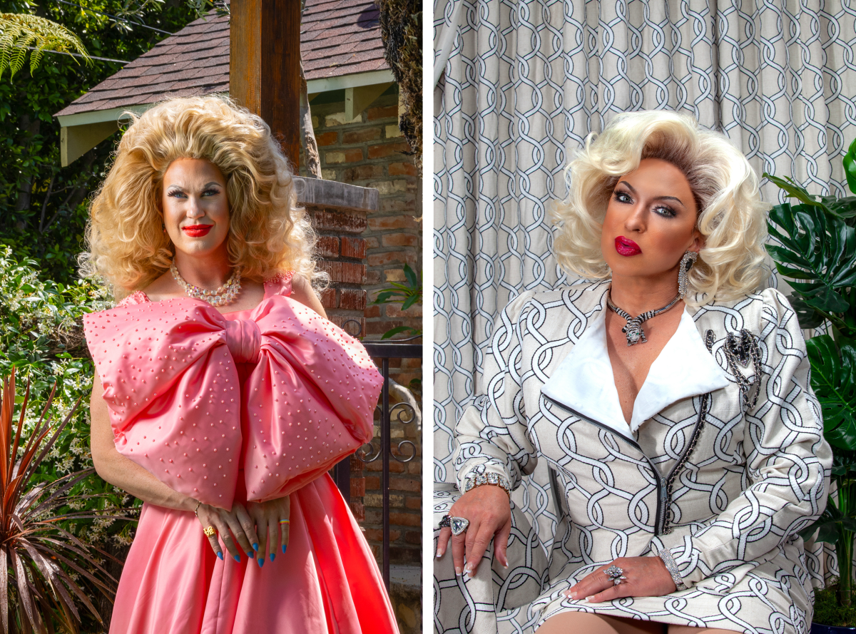 Two drag queens appear in photos. The one on the left is standing, while the other is sitting in a chair.