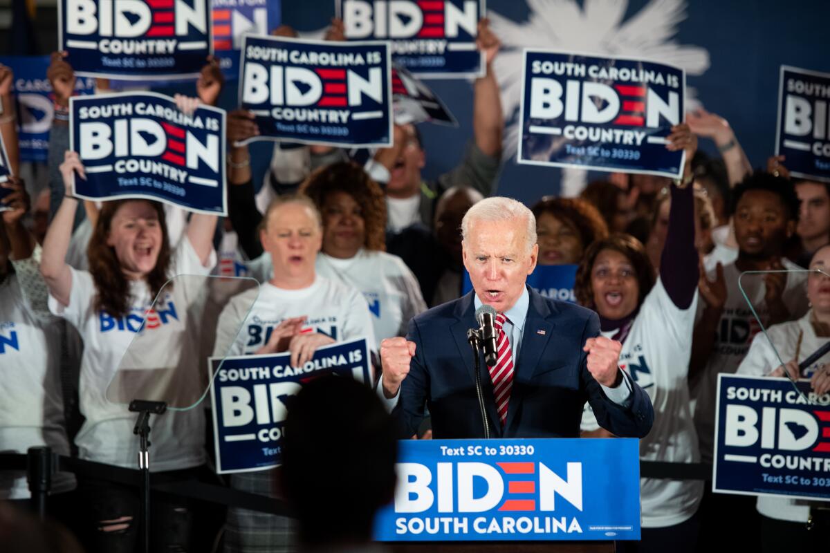 Former Vice President Joe Biden addresses supporters in Columbia, S.C., on Tuesday. Biden skipped a primary night event in New Hampshire, where returns showed him heading for a disappointing finish.