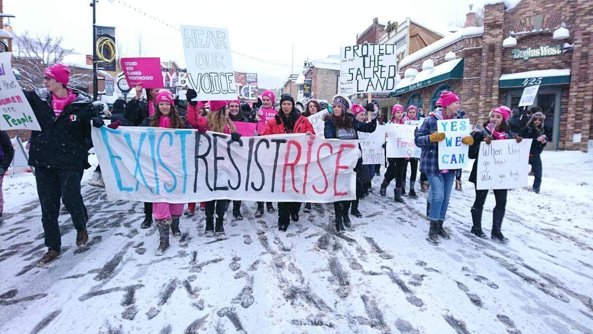 A march at the Sundance Film Festival in solidarity with the Women's March on Washington makes its way down Main Street in Park City, Utah.