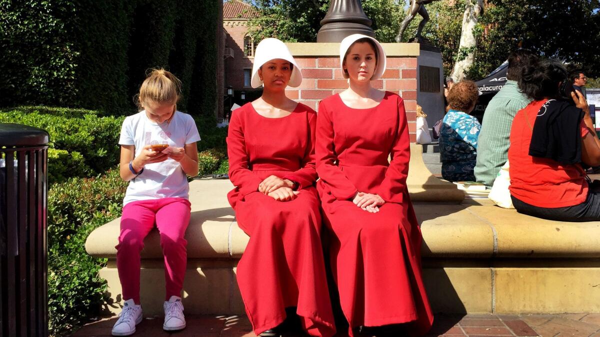 Handmaids from "The Handmaid's Tale" (promoting the Hulu adaptation) at the 2017 L.A. Times Festival of Books.
