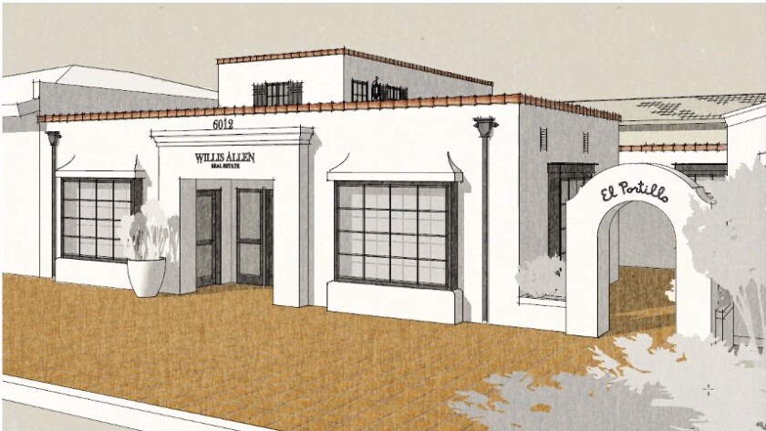 A rendering of the approved improvements of the commercial building in the village.