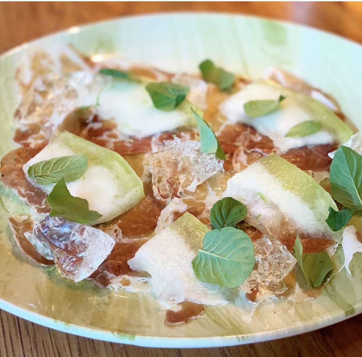 Summer melon salad with Champagne jello, ham and lime zest at Juniper and Ivy Under the Stars.