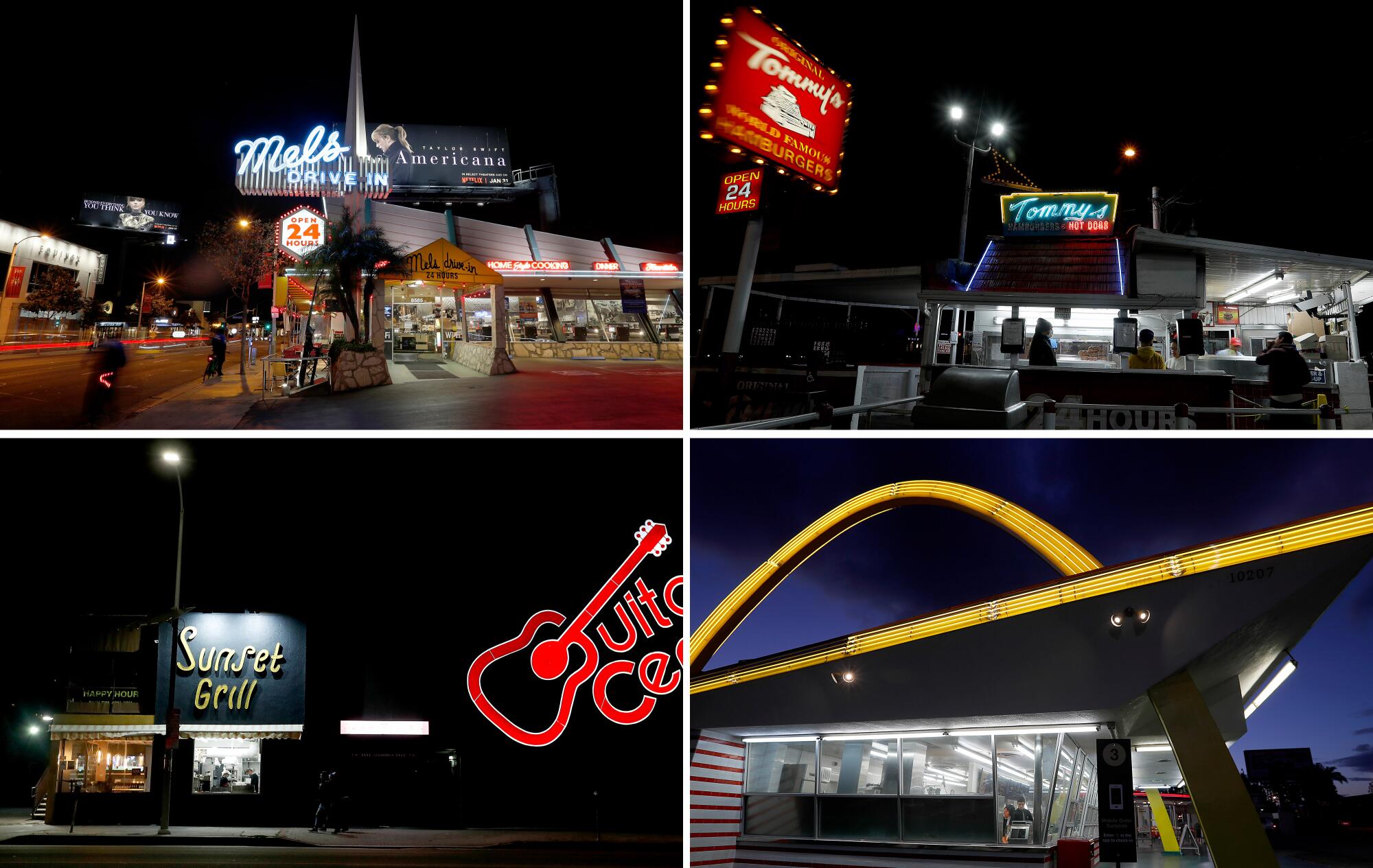 Clockwise from top left: Mel's Drive-In in West Hollywood remains open, serving takeout and delivery orders, even as most businesses on the Sunset Strip have closed; customers line up at the original Tommy's in the Rampart District; the retro McDonald's sits at the intersection of Lakewood Boulevard and Florence Avenue in Downey; and the Sunset Grill in Hollywood remains open with takeout and delivery.