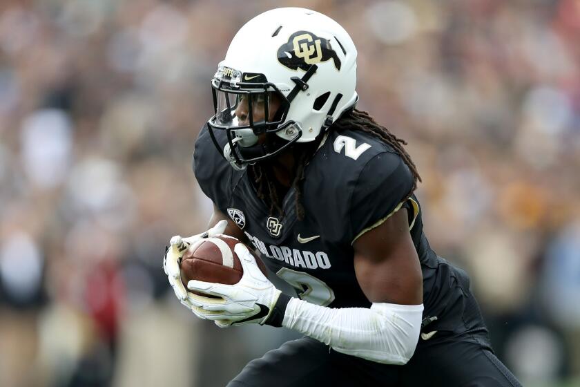 BOULDER, CO - OCTOBER 06: Laviska Shenault, Jr #2 of the Colorado Buffaloes carries the ball in the second quarter against the Arizona State Sun Devils at Folsom Field on October 6, 2018 in Boulder, Colorado. (Photo by Matthew Stockman/Getty Images) ** OUTS - ELSENT, FPG, CM - OUTS * NM, PH, VA if sourced by CT, LA or MoD **