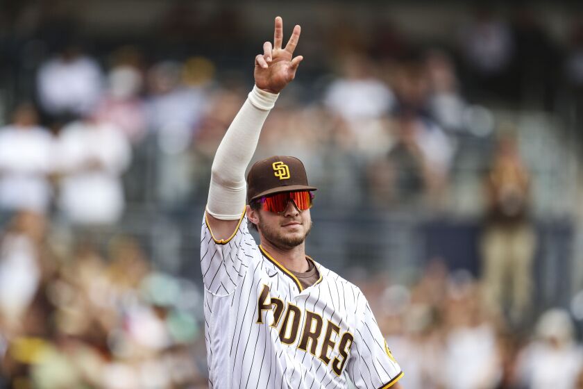 San Diego, CA - October 05: Padres right fielder Wil Myers (5) acknowledges the crowd after exiting the game their game against the Giants in the eight inning at Petco Park on Wednesday, Oct. 5, 2022 in San Diego, CA. (Meg McLaughlin / The San Diego Union-Tribune)