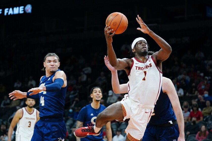 USC forward Chevez Goodwin drives to the basket after getting past Georgia Tech guard Jordan Usher