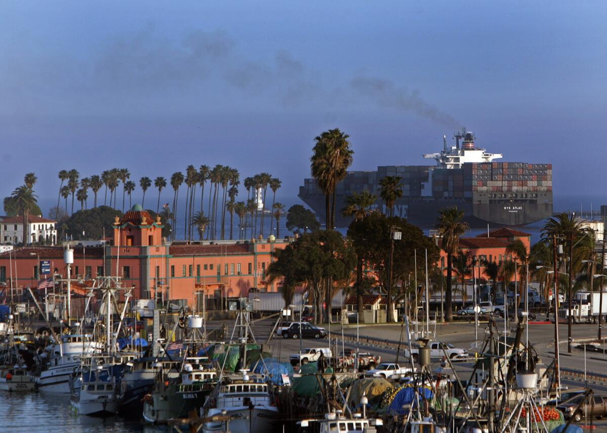 Areas around ports, rail yards and freeways have some of the worst air pollution in Southern California. Above, a ship off San Pedro in 2008.