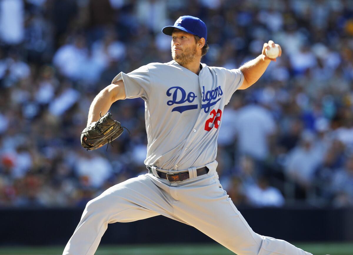 Dodgers left-handed starter Clayton Kershaw pitches against the Padres on opening day at Petco Park.